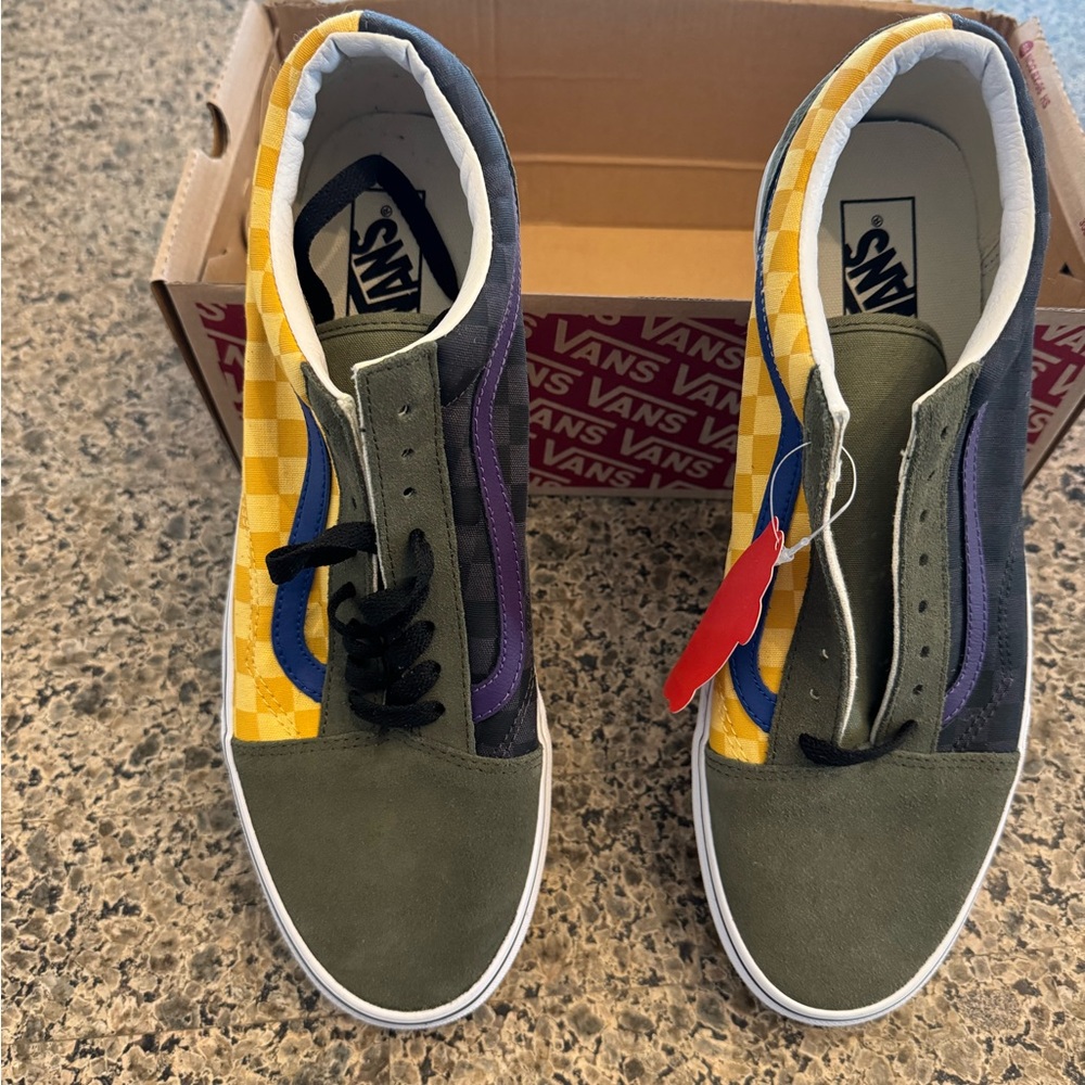 Vans Olive, Yellow, Purple and Blue Checkerboard Old Skool Sneakers